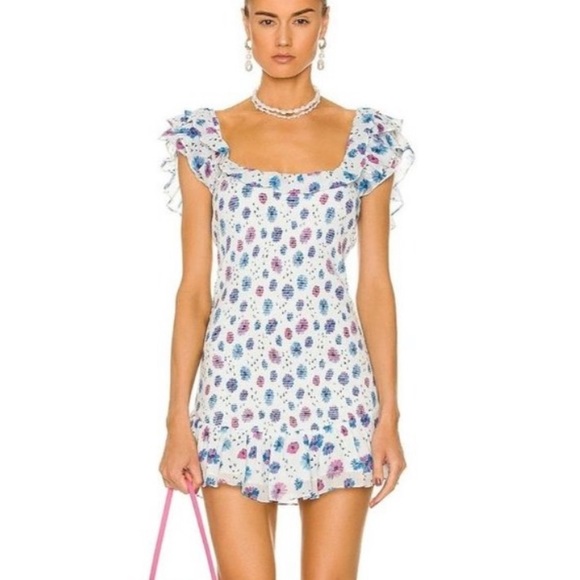 LoveShackFancy Kodie Floral Printed Smocked Off Shoulder Ruffle Mini Dress Sz M - Picture 2 of 8